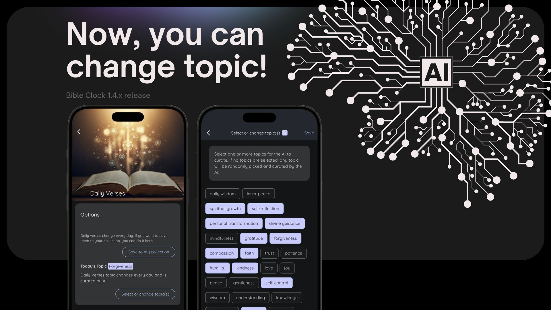Bible Clock 1.4.x: Now with ability to change topic for AI curated verses