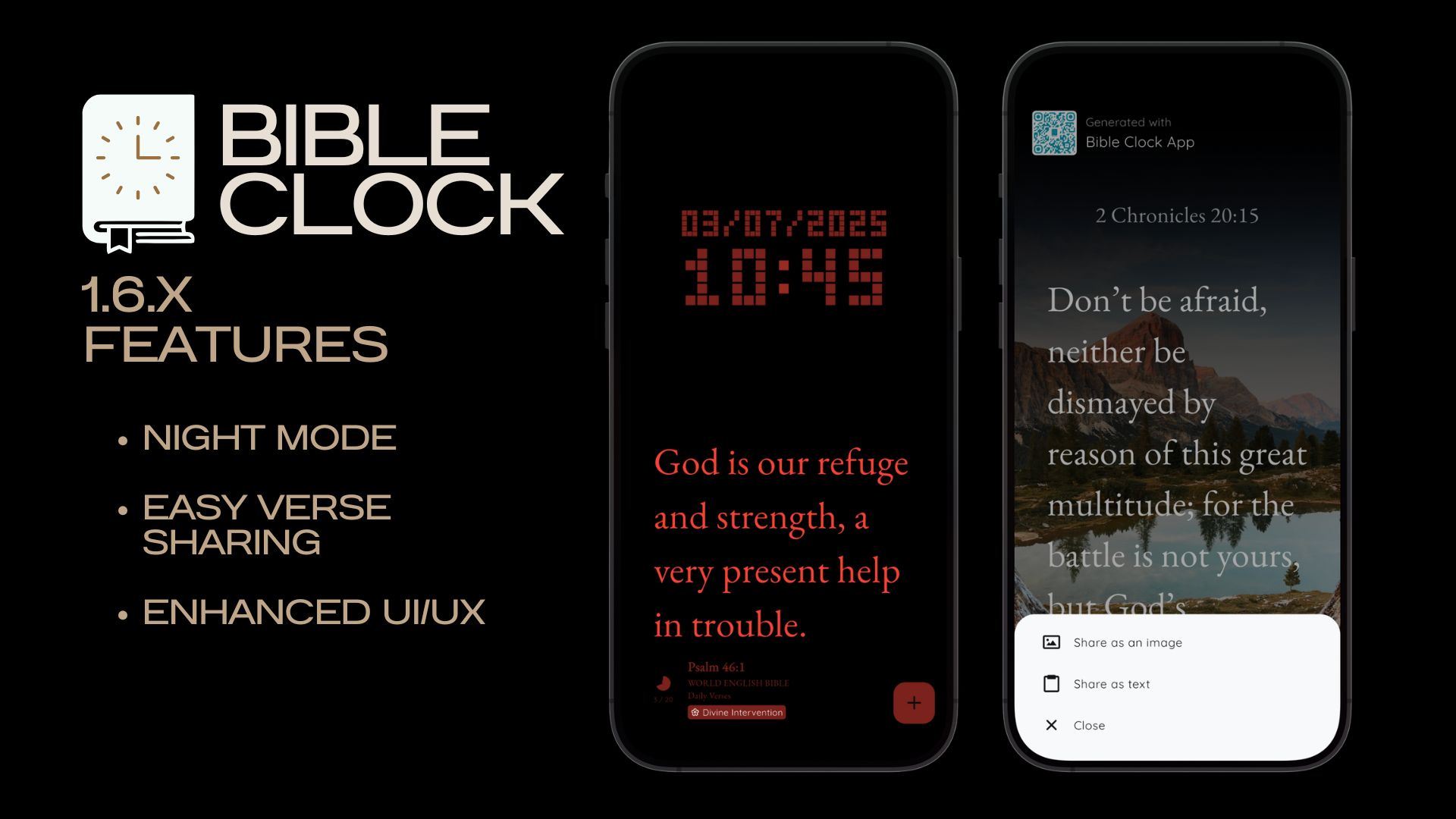 Bible Clock 1.6.x: Enhanced User Experience with Night Mode and Sharing Features