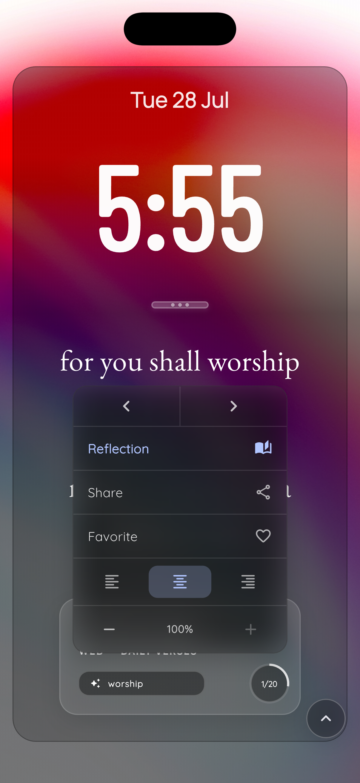 Bible Clock 2.15 verse options overlay showing Reflection, Share, Favorite, verse alignment controls, and text size controls at 100 percent
