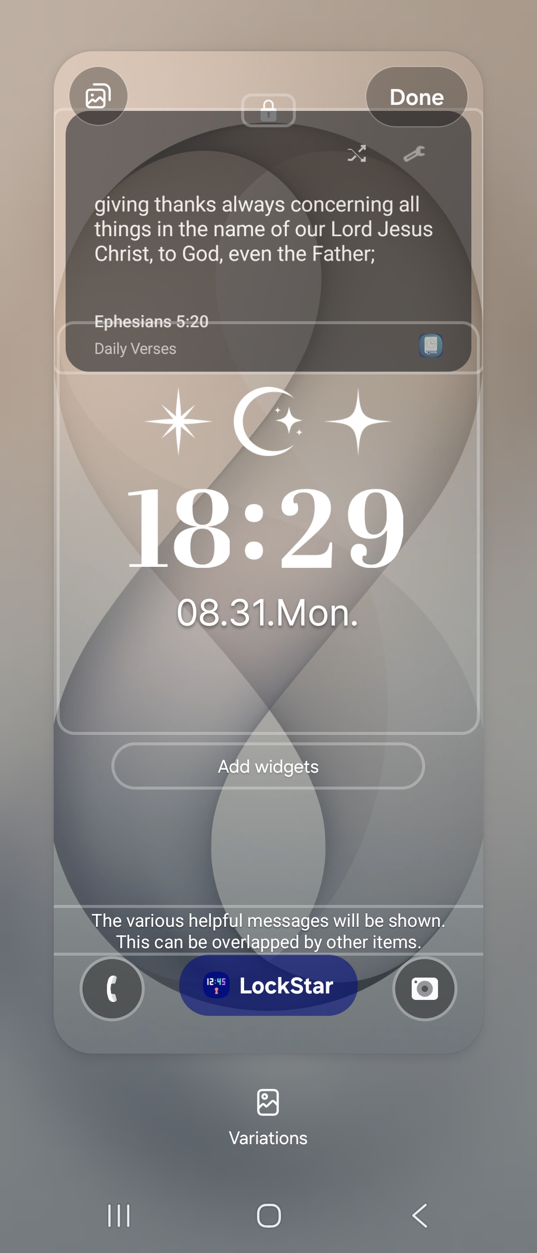 Step 2: LockStar lock screen layout editor showing Scripture widget preview