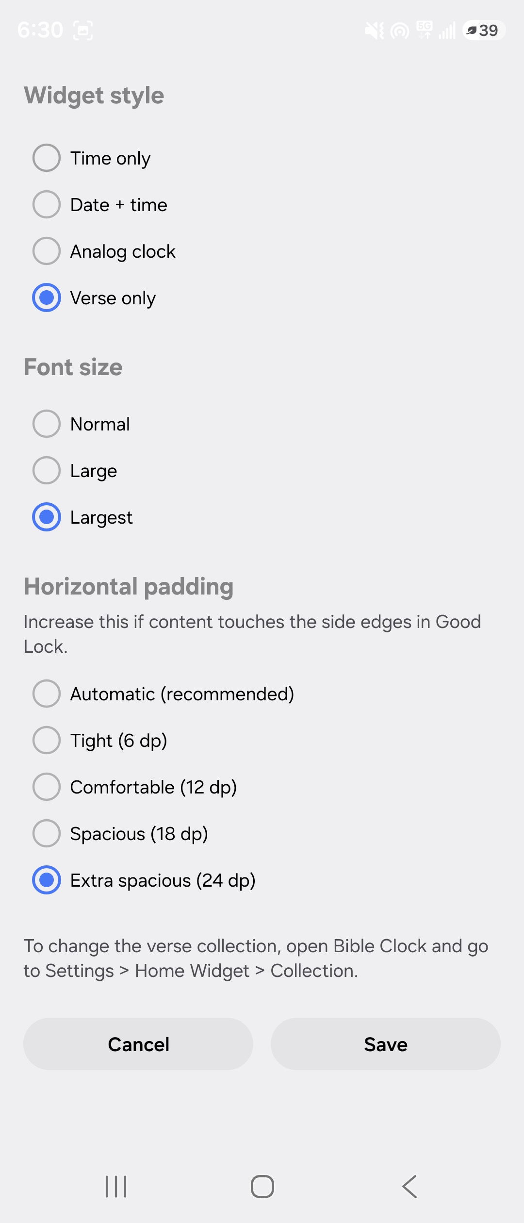 Step 5: Widget configuration screen with Verse only, Font size, and Horizontal padding options