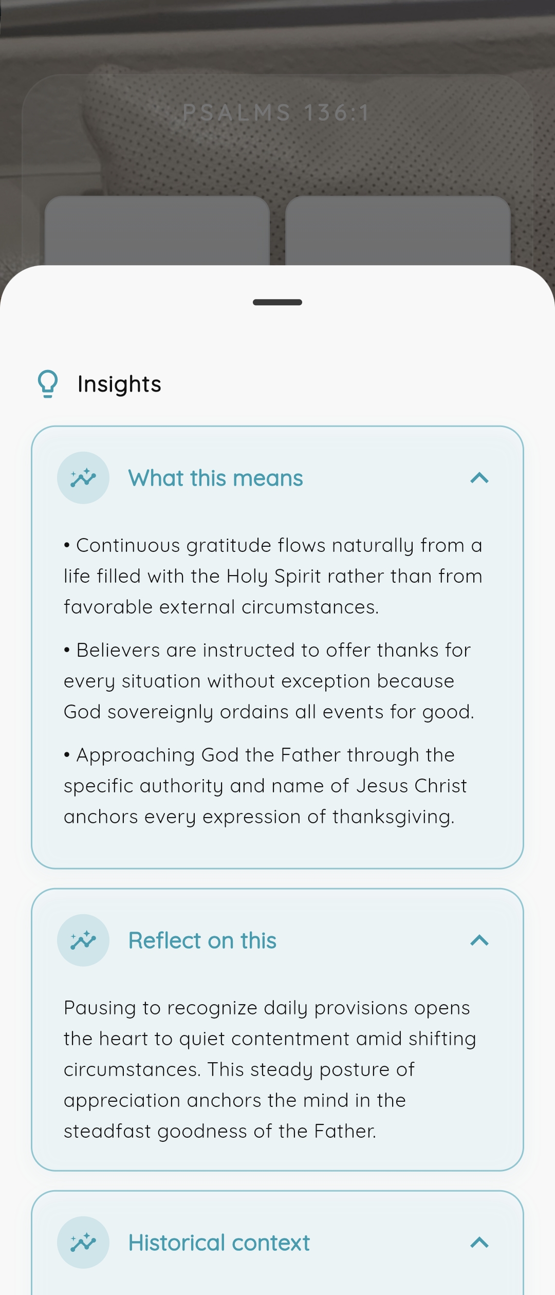 Bible Clock Reflection Insights view showing verse meaning, reflection prompts, and historical context