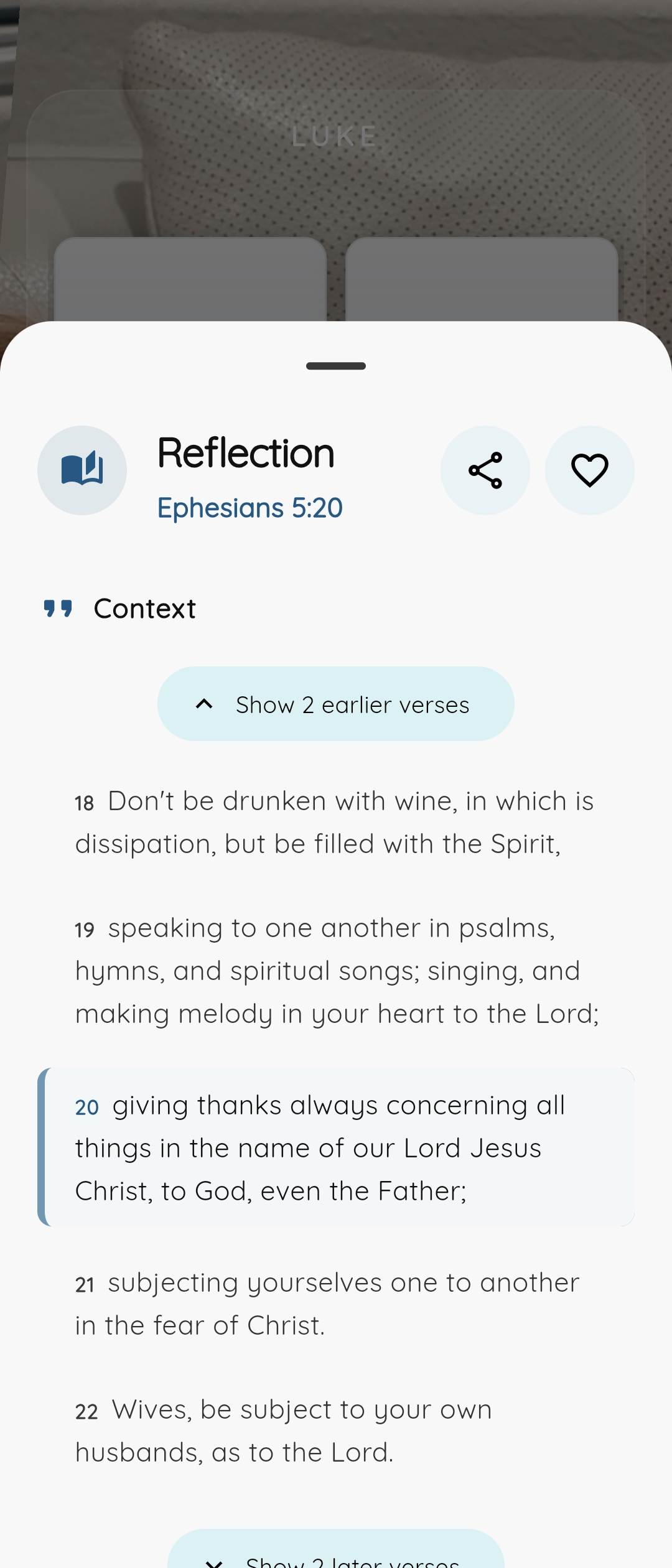 Bible Clock Reflection sheet for Ephesians 5:20 displaying full chapter context, share, and favorite actions