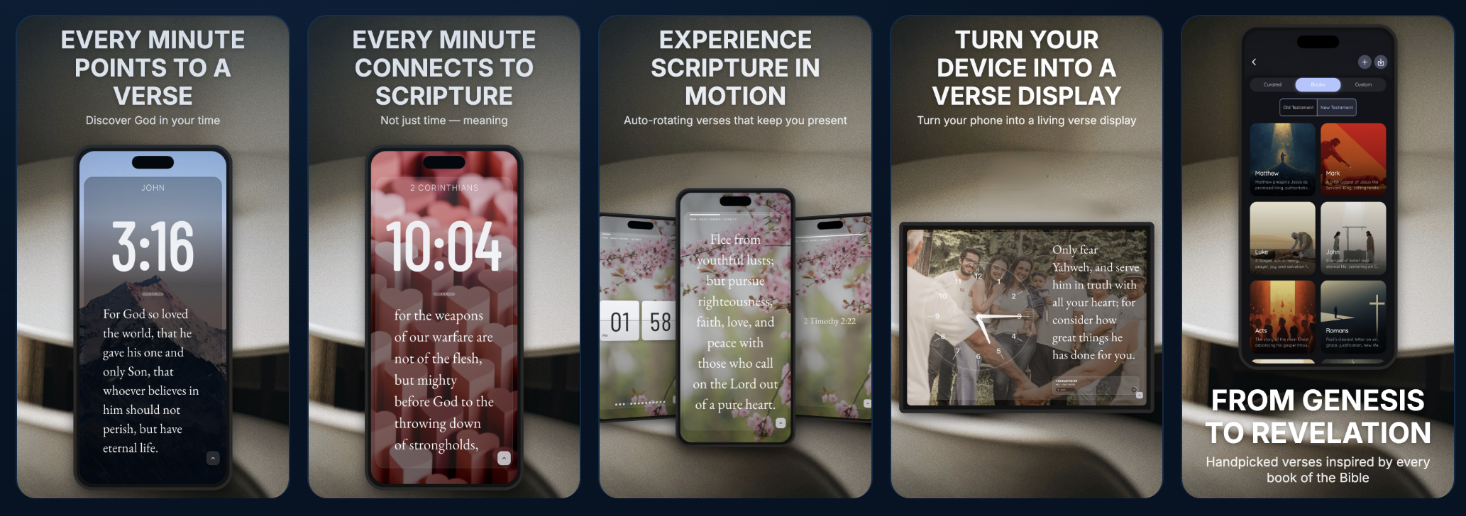 Bible Clock 2.8.0 screenshots showing time-based verses, animated verse display, personal device display mode, and book collections