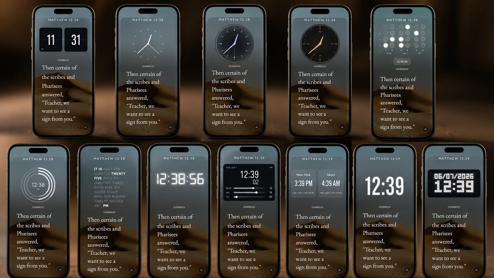 Bible Clock 2.9.10 showing that time-based Bible verses now work across multiple clock styles