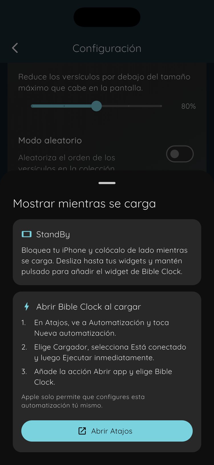 La guía Mostrar mientras se carga en iPhone, con una sección de StandBy y tres pasos para la automatización de Atajos sobre el botón Abrir Atajos