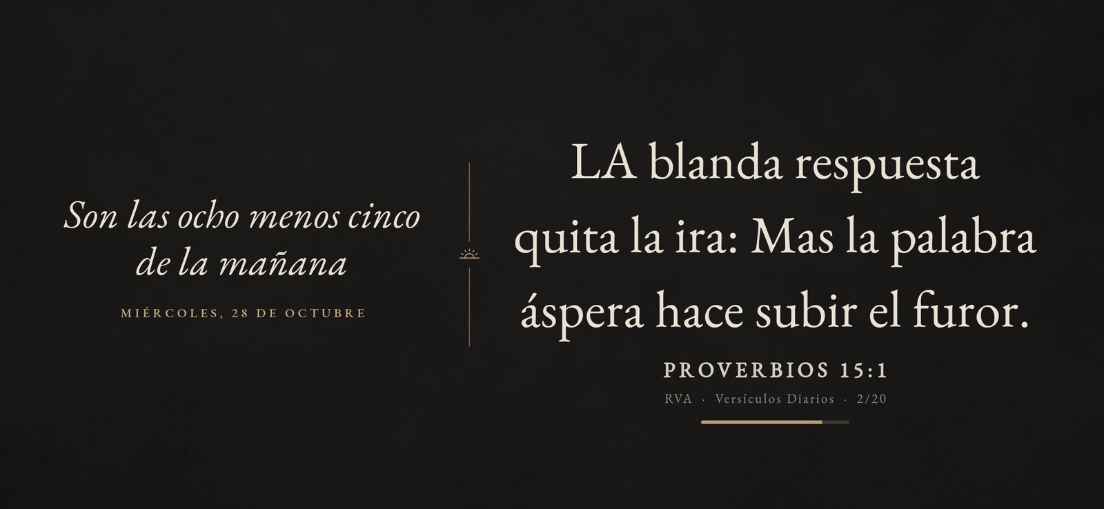 Bible Clock funcionando como protector de pantalla de Android en horizontal, con la hora escrita en palabras, la fecha y Proverbios 15:1 sobre un fondo oscuro