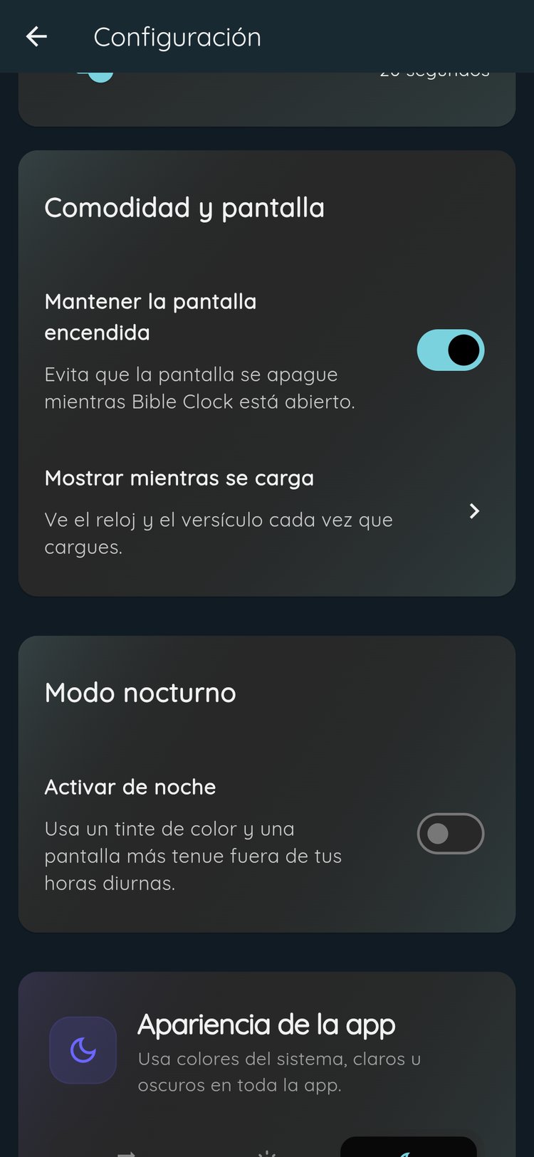 Configuración de Bible Clock con la sección Comodidad y pantalla, la opción Mantener la pantalla encendida y la nueva fila Mostrar mientras se carga