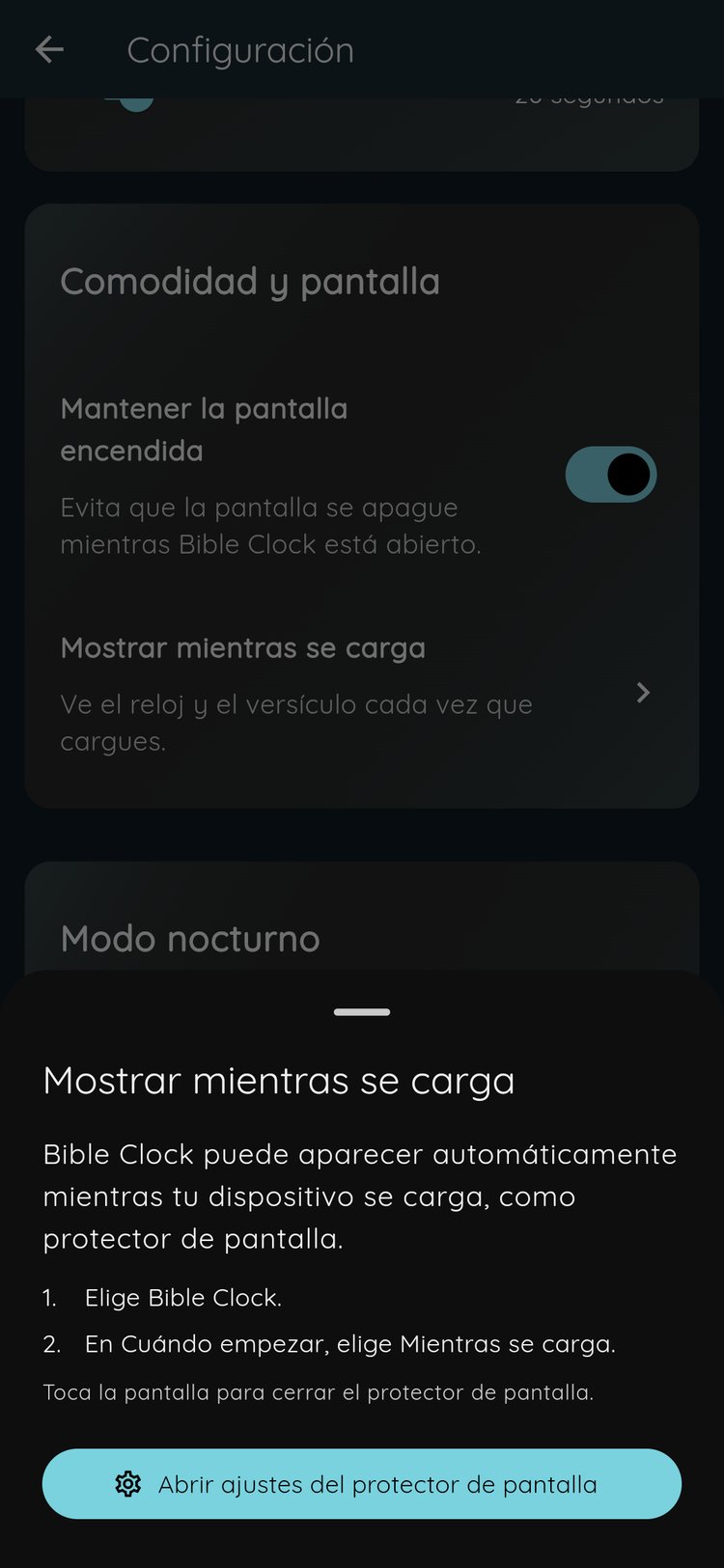 La hoja Mostrar mientras se carga en Bible Clock con dos pasos y el botón Abrir ajustes del protector de pantalla