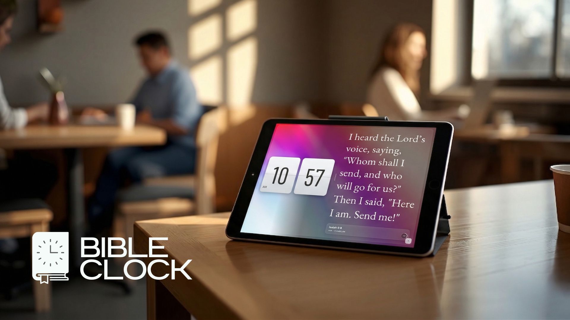 Bible Clock showing a Bible verse in a cafe or public shared setting