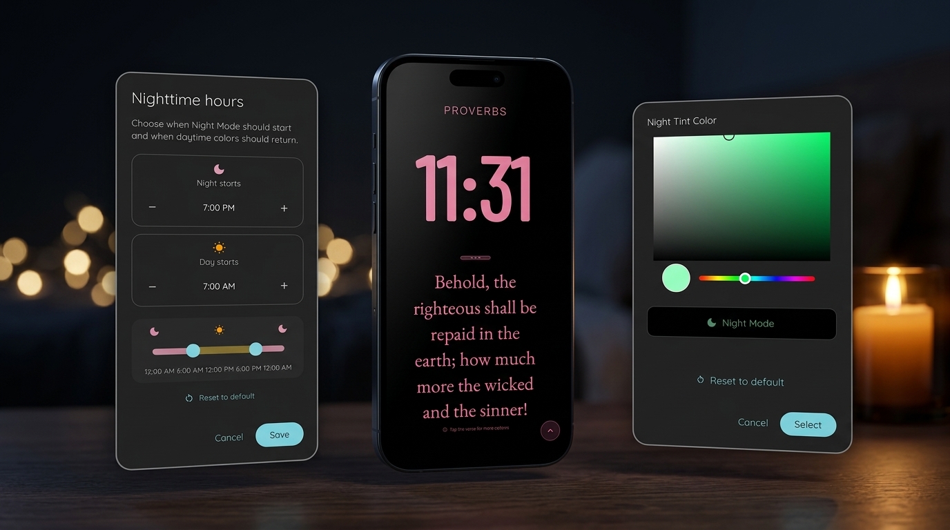 Customizable Night Mode Colors in Bible Clock: A Calmer Bedside Scripture Experience