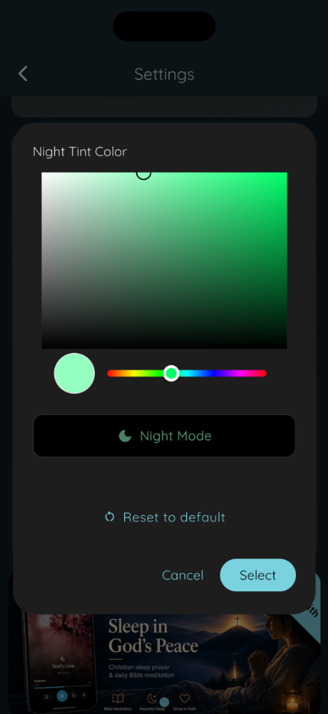 Bible Clock Night Tint Color picker dialog with color spectrum and preview button