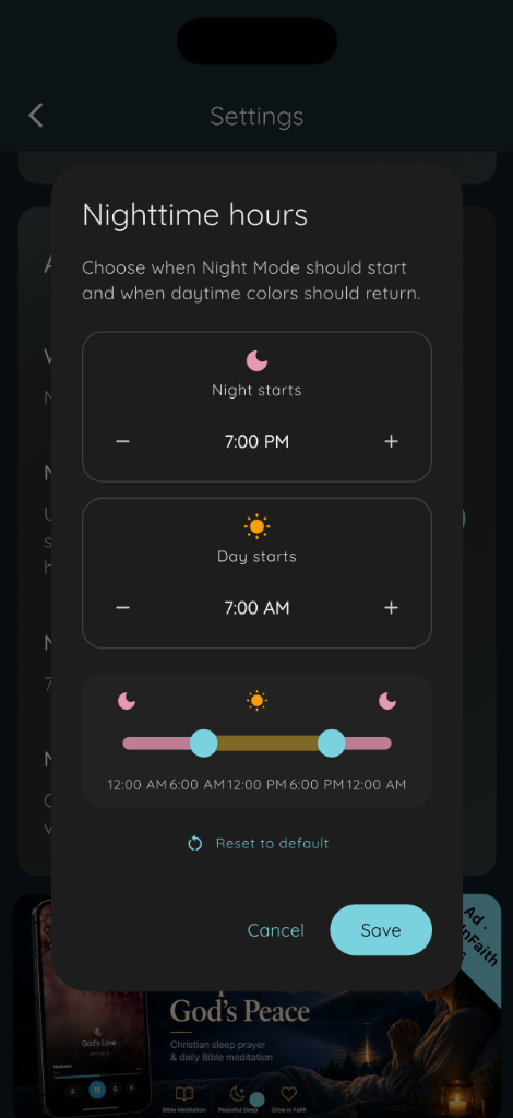 Bible Clock Nighttime hours schedule dialog with start and end times and 24-hour visual slider