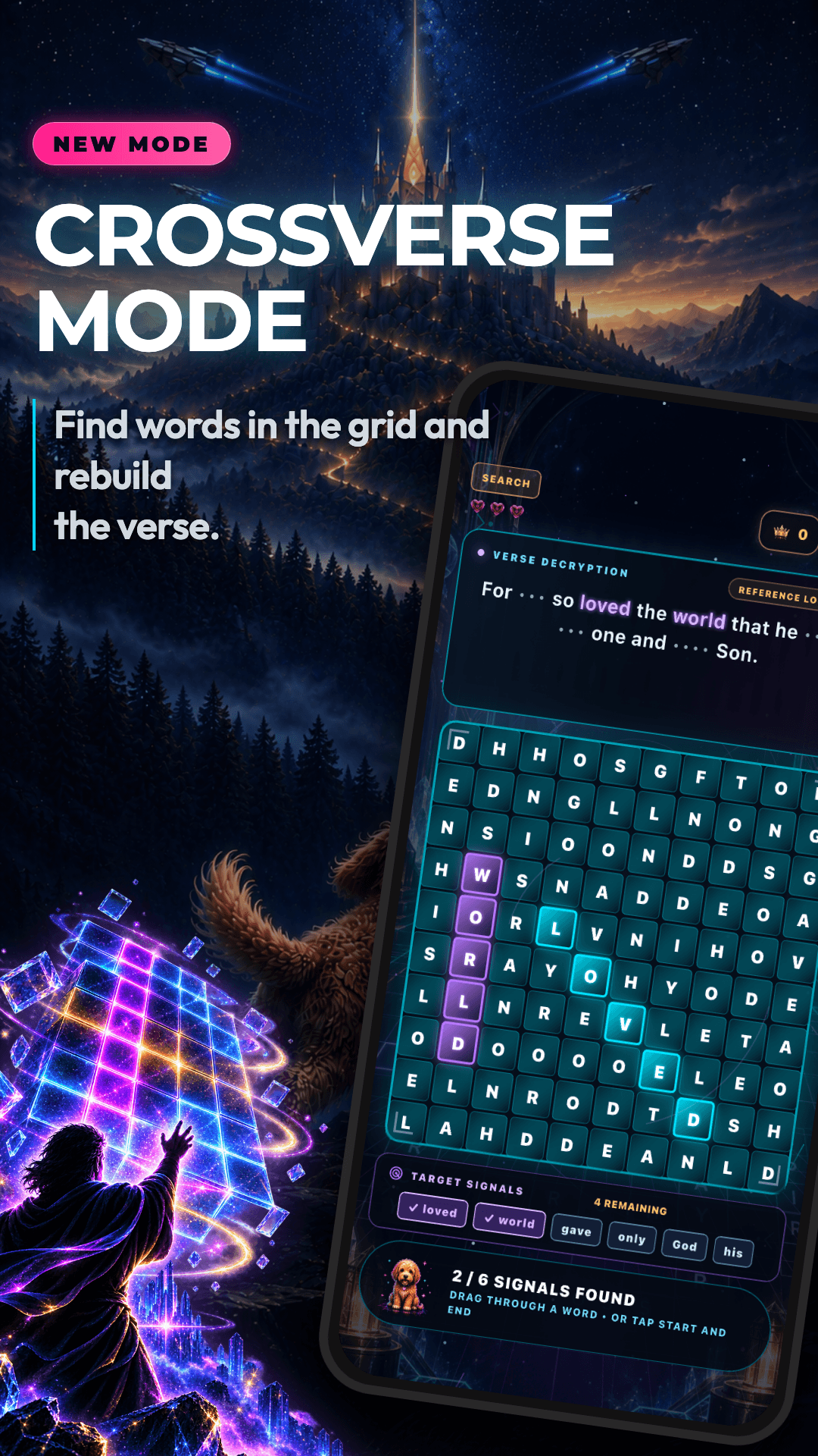 Verse Blitz CrossVerse Mode gameplay showing Scripture word-search grid, target signals, and John 3:16 verse decryption
