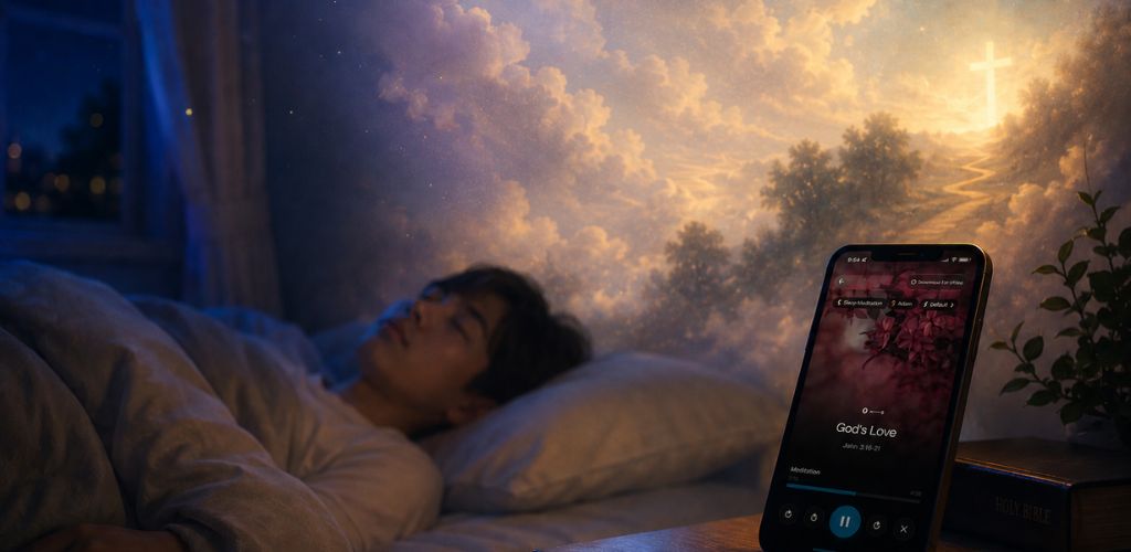 Edenify Christian sleep meditation app for peaceful nights, Scripture-based bedtime prayer, and calming audio