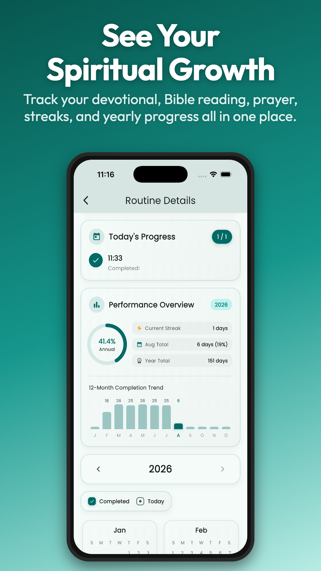 EveryDo progress screen showing routine and spiritual growth tracking