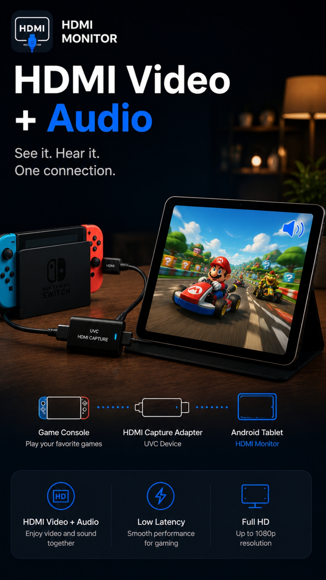 실시간 HDMI 오디오 재생과 전체 화면 컨트롤을 보여주는 HDMI Monitor 스토어 스크린샷