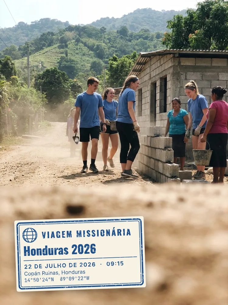 Uma equipe missionária de camisetas azuis constrói uma casa de blocos com famílias locais em Honduras, com um carimbo azul Mission Trip estilo passaporte escrito Honduras 2026 com a data, a hora e as coordenadas GPS