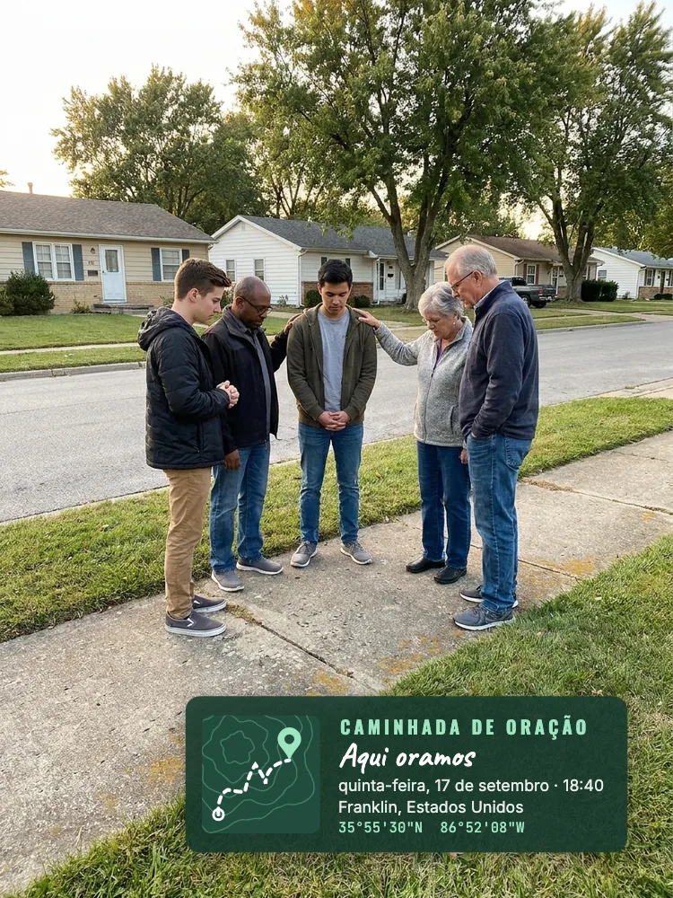 Cinco membros da igreja orando juntos na calçada de um bairro, com um carimbo verde Prayer Walk escrito Aqui oramos, com um selo de mapa, a hora e as coordenadas GPS