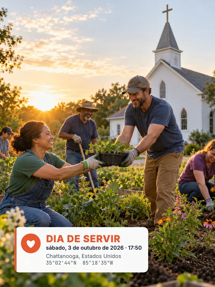 Voluntários da igreja plantando uma horta comunitária ao lado de uma igreja branca ao pôr do sol, com um carimbo laranja Serve Day mostrando a data, a hora, o local e as coordenadas GPS