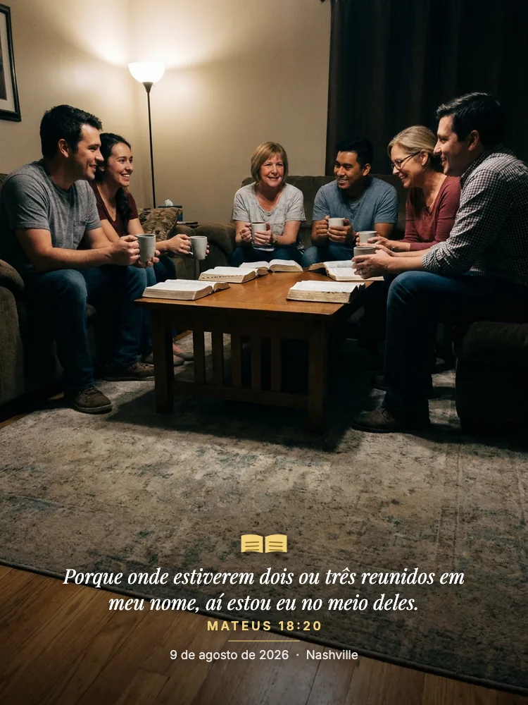 Um pequeno grupo de estudo bíblico ao redor de uma mesa de centro à noite, com o carimbo Verse mostrando Mateus 18:20, a data e Nashville