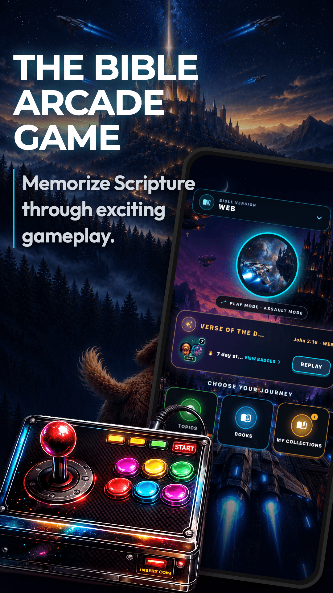 Verse Blitz arcade home screen showing Assault Mode, Verse Chase, and CrossVerse entry points