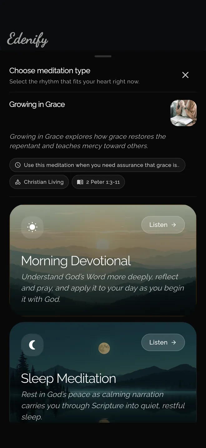 Edenify meditation type picker showing Growing in Grace from 2 Peter 1:3-11 with Morning Devotional and Sleep Meditation options