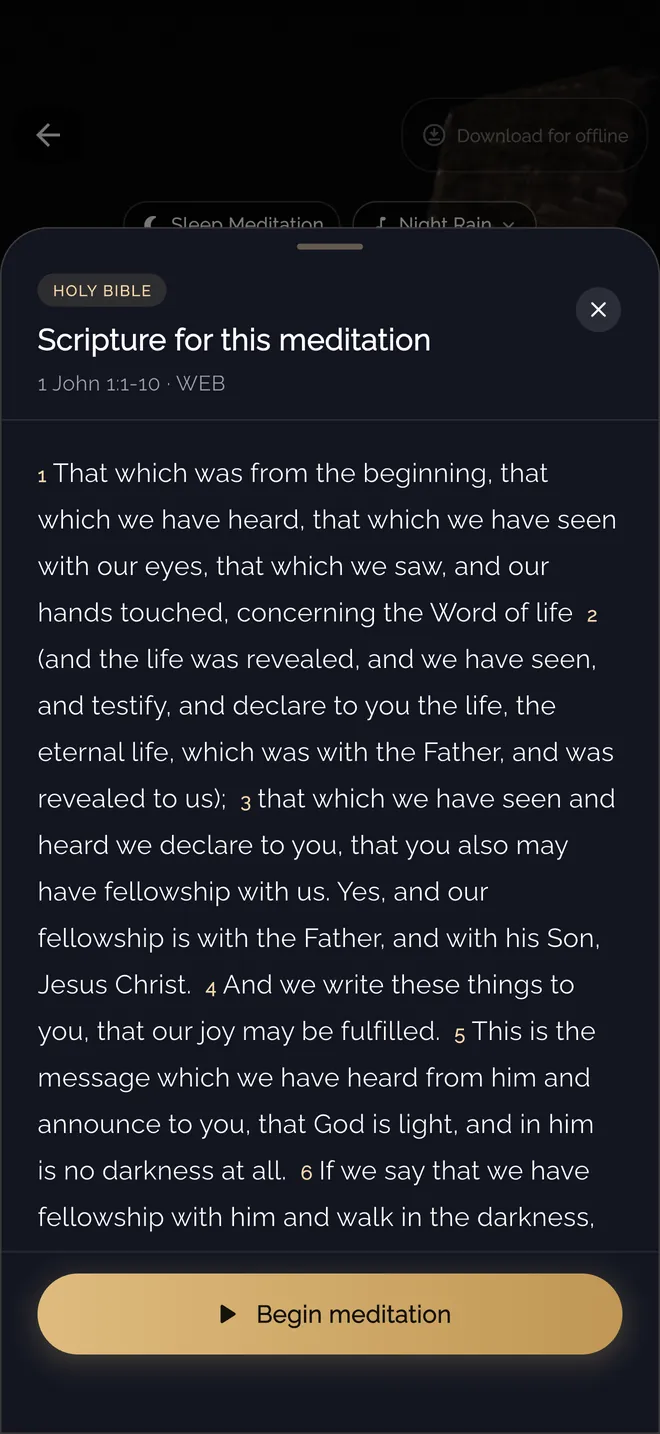 Edenify Scripture reader showing the full text of 1 John 1:1-10 from the World English Bible with a Begin meditation button