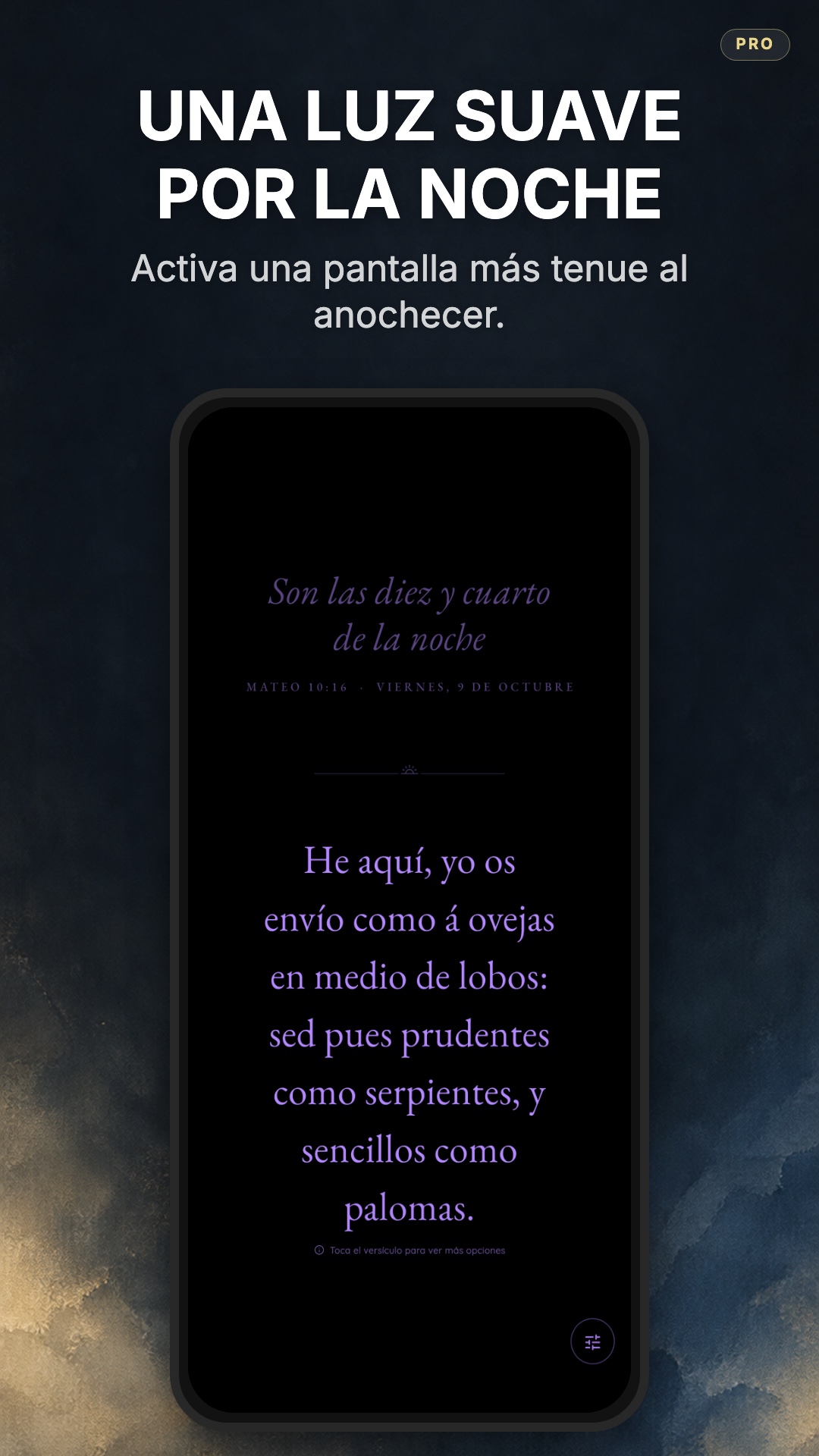 Modo nocturno con luz ámbar cálida para la mesita de noche