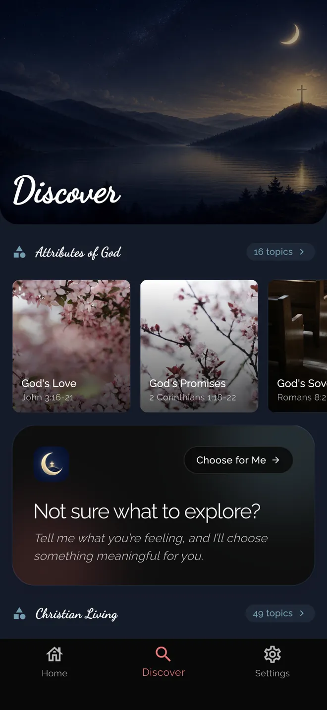 Edenify Discover screen with topics such as Attributes of God