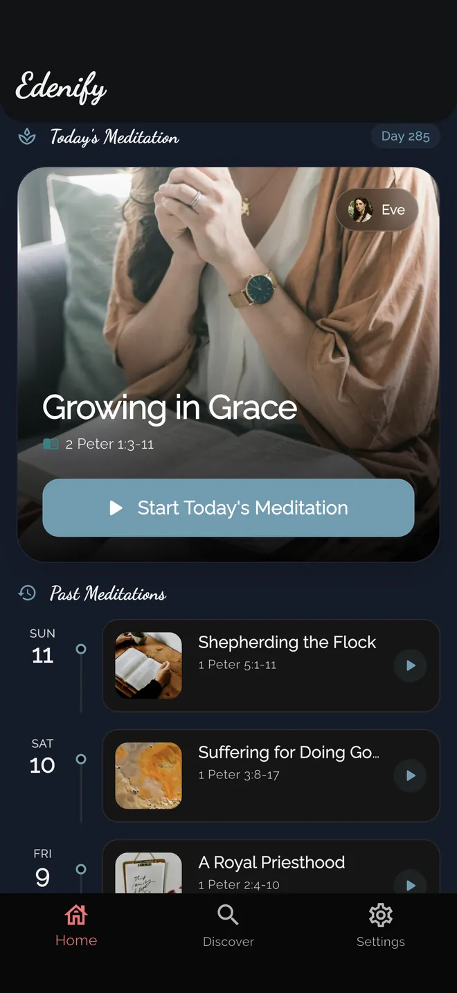 Edenify home screen with today's meditation