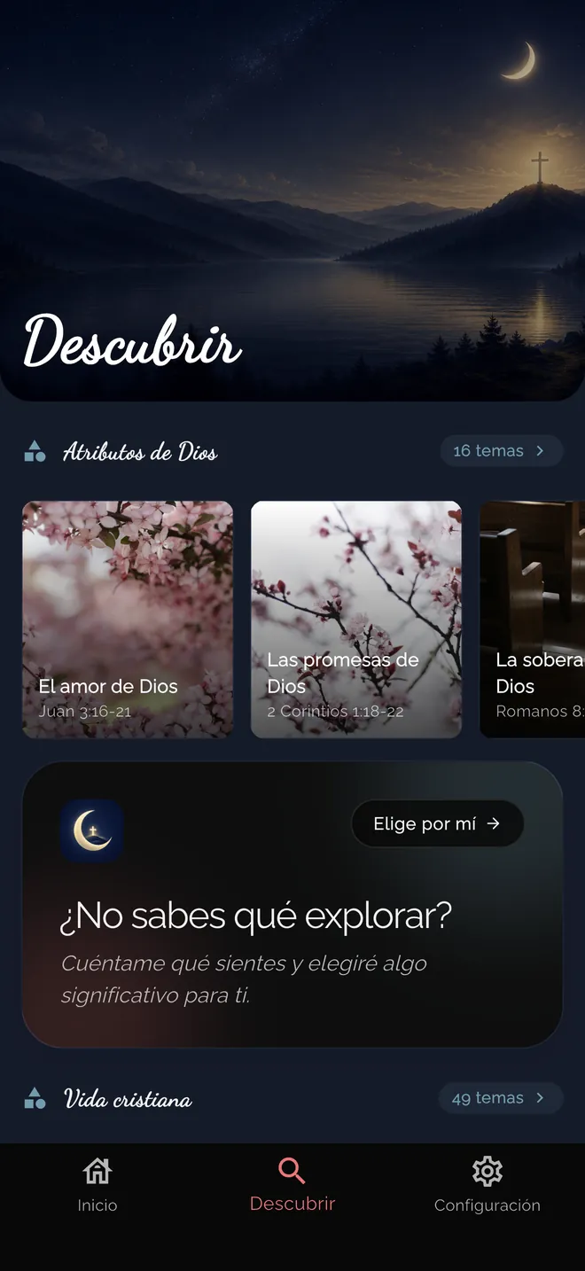 Pantalla Descubrir de Edenify con temas como los atributos de Dios