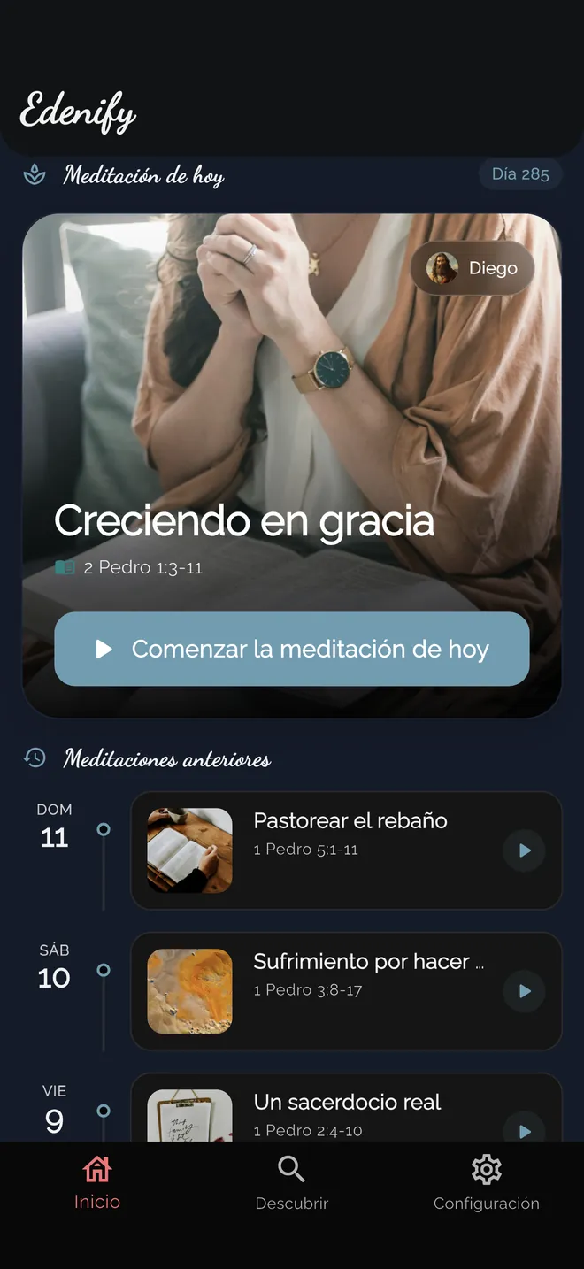 Pantalla de inicio de Edenify con la meditación de hoy