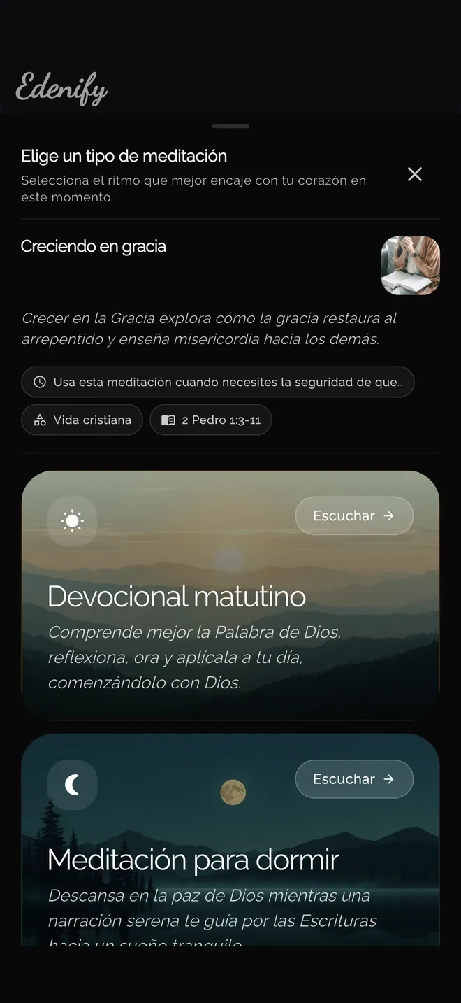 Edenify ofrece un devocional matutino y una meditación para dormir