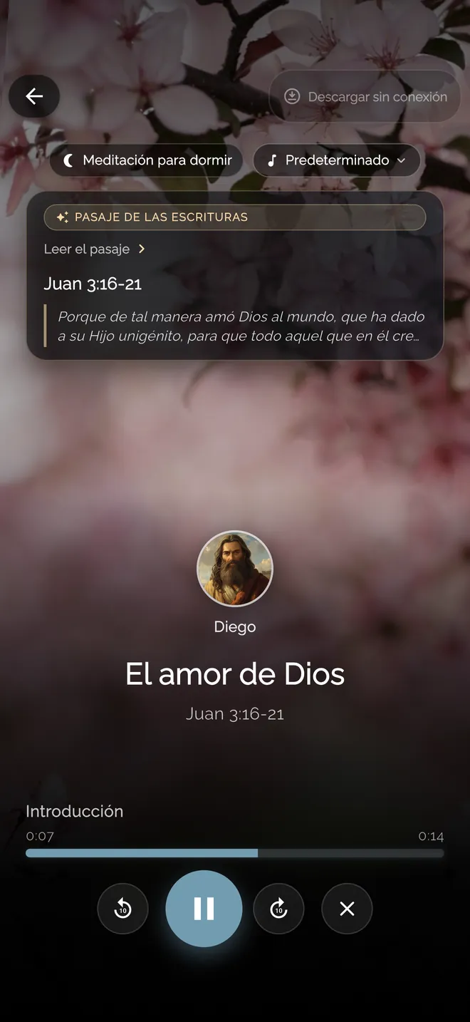 Meditación para dormir en Edenify, con el reproductor sobre flores de cerezo
