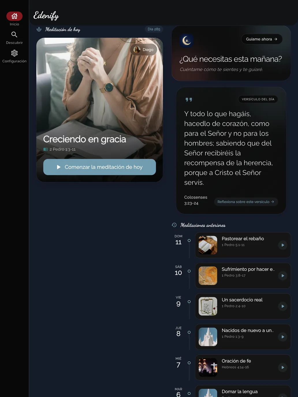 Edenify en un iPad con la meditación de hoy y el versículo del día