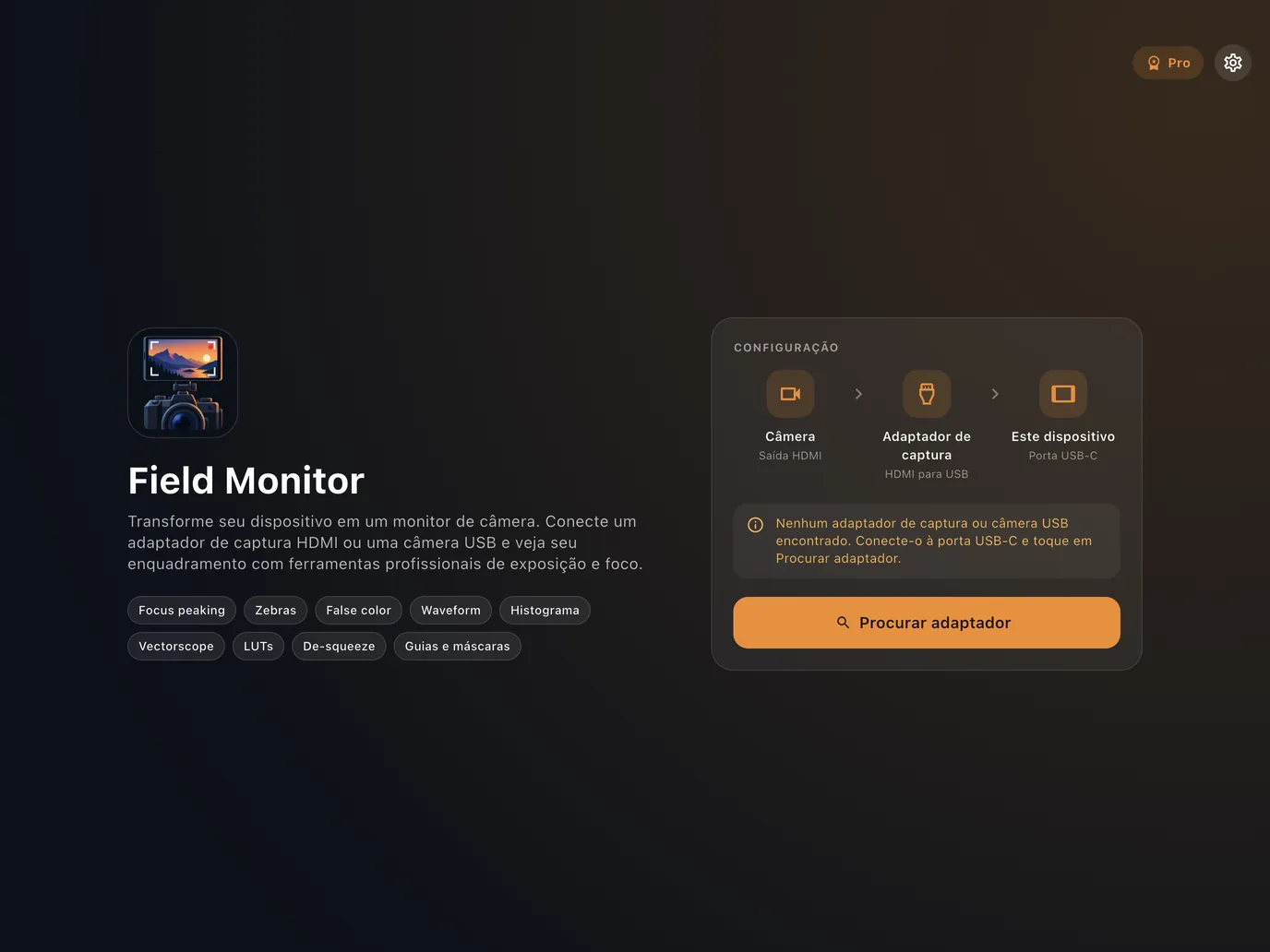Tela de configuração do Field Monitor: câmera, adaptador de captura e este aparelho, com o botão Procurar adaptador
