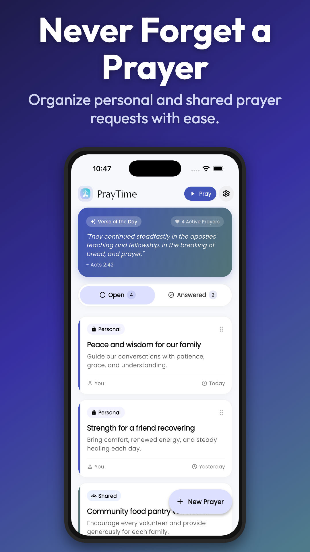PrayTime home screen showing open and answered prayer requests