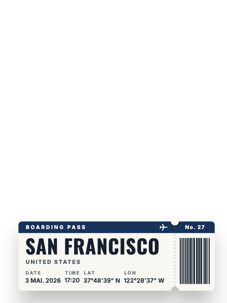 A ponte Golden Gate na neblina, com o carimbo Boarding Pass