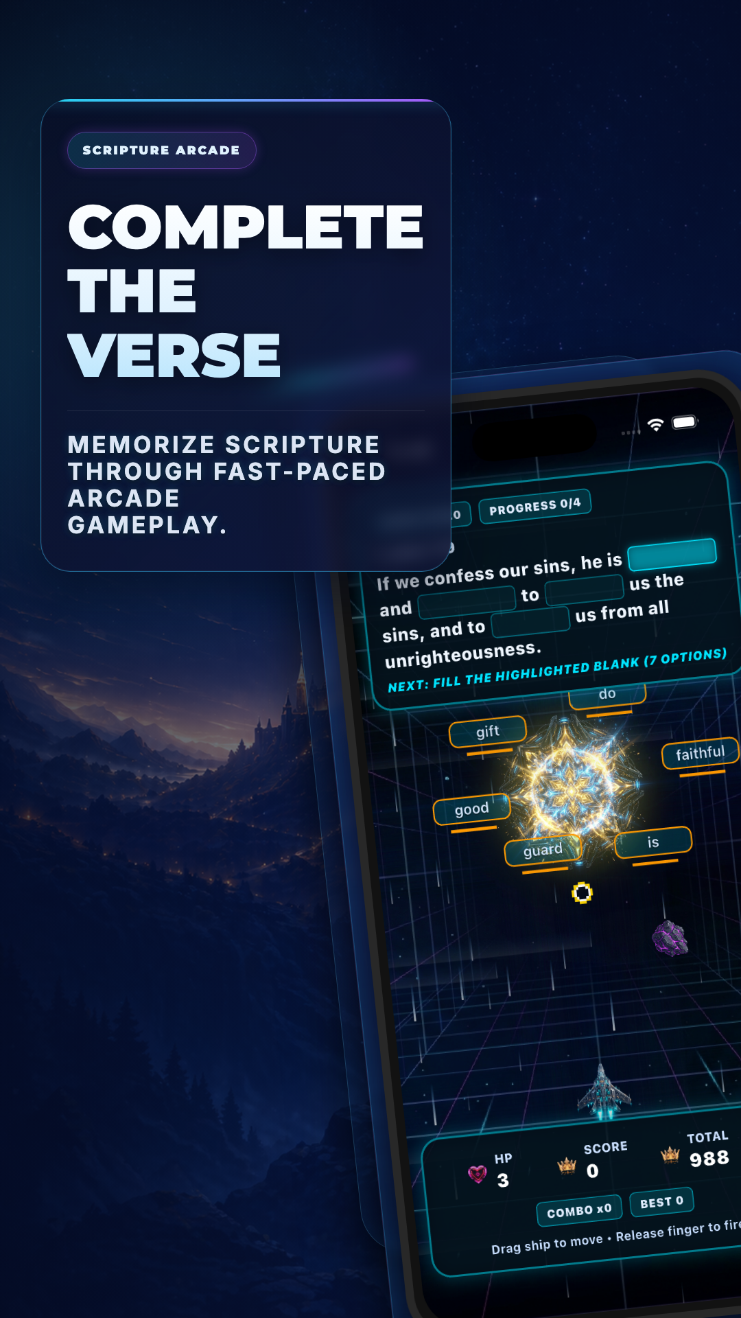 Verse Blitz gameplay screenshot showing arcade Scripture memory action